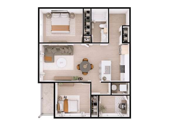 A top-down view of a small apartment layout with a kitchen, living room, and bedroom.