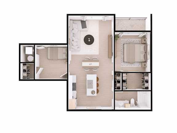 A top-down view of a well-organized apartment with a kitchen, living room, and bathroom.