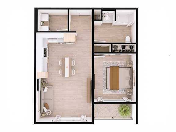 A top-down view of a living room with a couch, coffee table, and kitchen area.