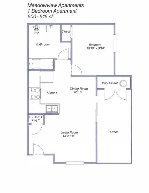 1 BRM APT 616 sqft Floor Plan at Meadowview Apartments, California, 95407