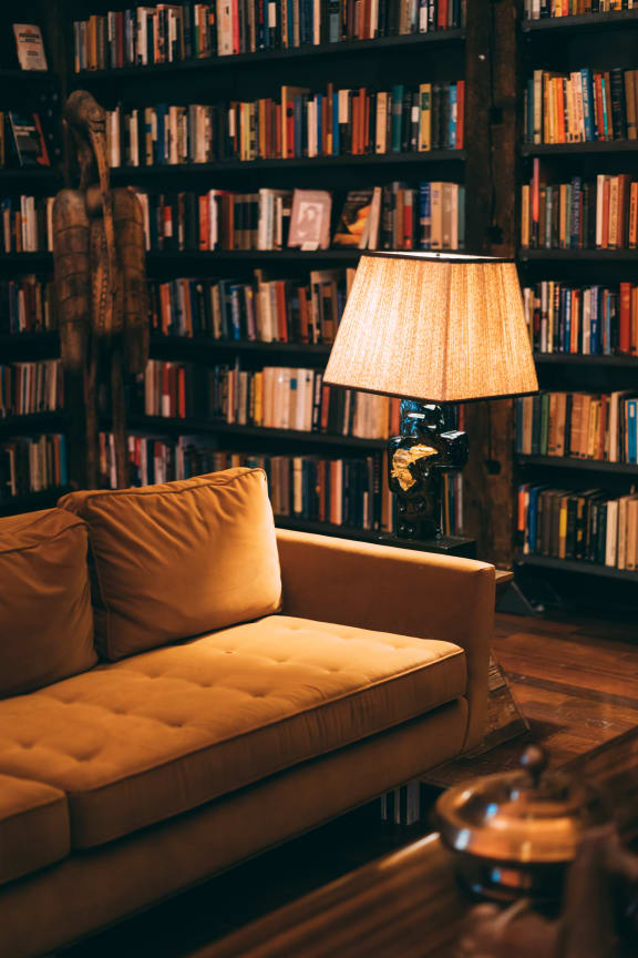 a living room with a couch and a lamp in front of a bookshelf