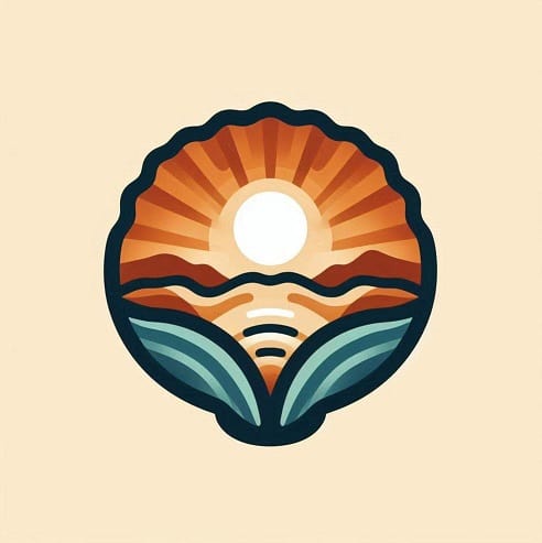 A scallop shell with a sun and waves design.