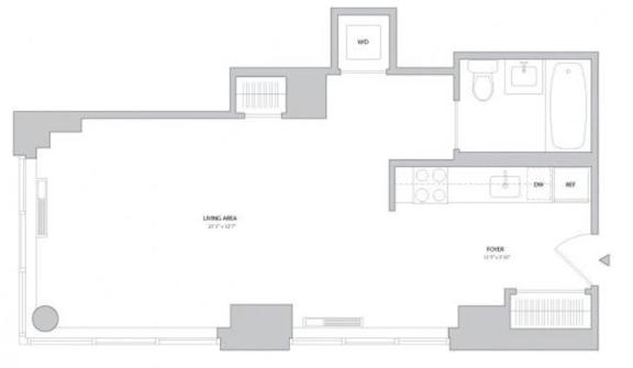 A floor plan of a house with a living area, kitchen, and two bedrooms.
