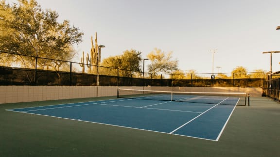 a tennis court at sunset with trees in the background
