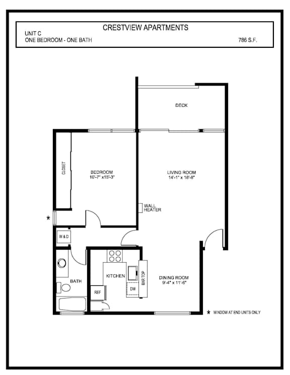 A drawing of a floor plan for a one bedroom, one bath apartment.