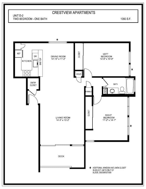 A floor plan for apartment unit D-2 with two bedrooms and one bath.