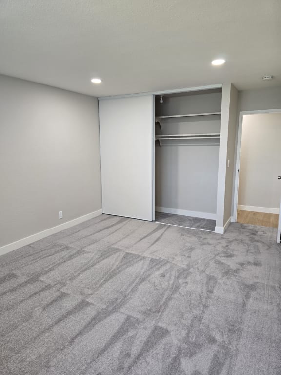 a room with a gray carpet and a white wall and a closet