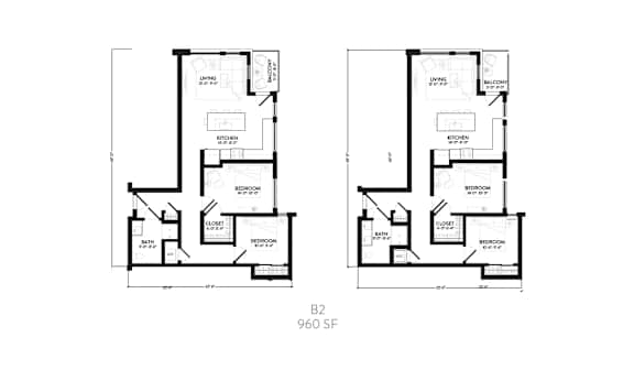 Two floor plan diagrams for a building labeled B2 960 SF.