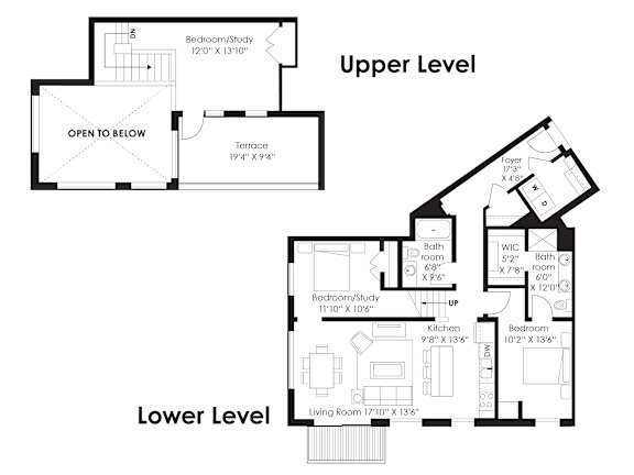 A floor plan of a two-story house with a living room, two bedrooms, a bathroom, and a study.