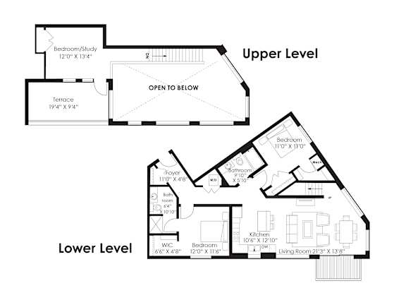 A floor plan of a two level home with a terrace and a living room.