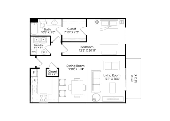 A floor plan of a house with a living room, dining room, bedroom, bathroom, and laundry area.