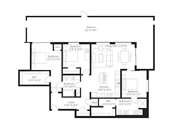 A floor plan of a house with a terrace and various rooms with their dimensions.