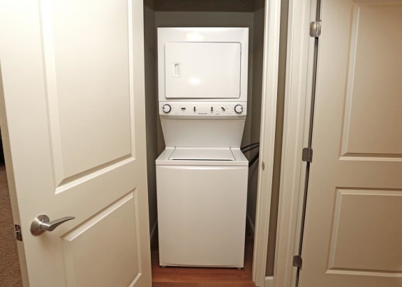 Stacked in unit washer and dryer in a discreet closet.
