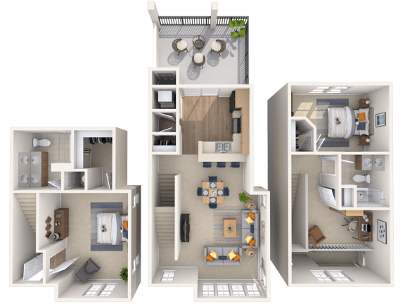 a 3d rendering of a floor plan with three different views of the apartment