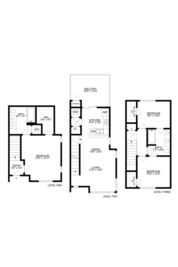 three floor plan of a house with a garage