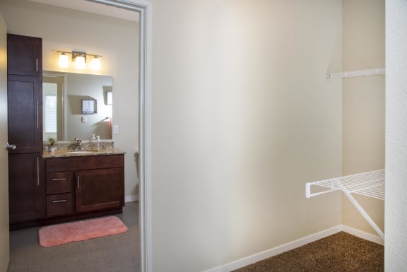 Large walk in closet with access to bathroom, two rows of shelves