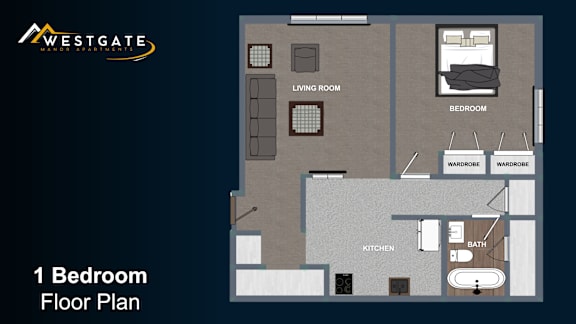 Floor Plan  A floor plan of a one bedroom apartment with a living room, kitchen, and bathroom.