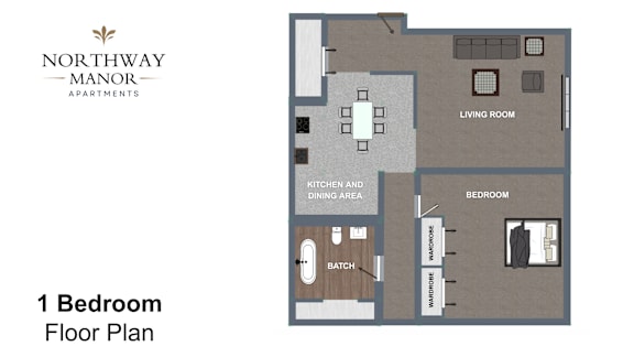 A floor plan for a one bedroom apartment from Northway Manor Apartments.