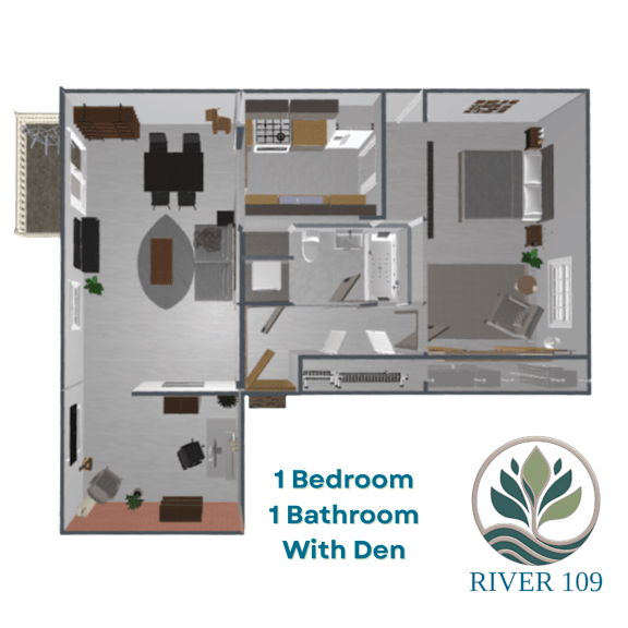 A diagram of a one bedroom, one bathroom apartment with den.