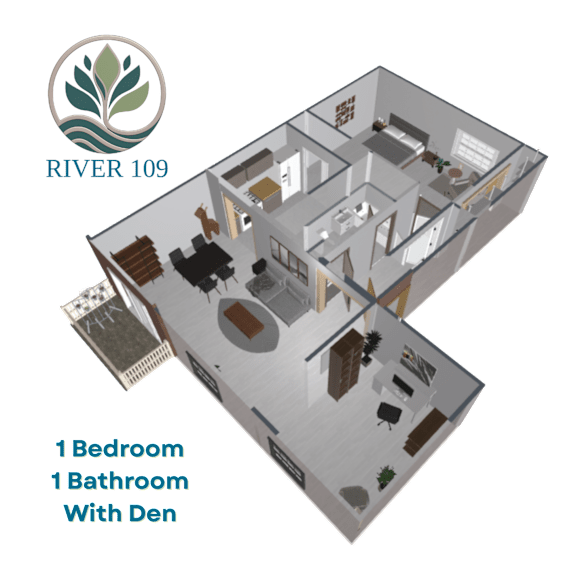 A 3D image of a house layout with one bedroom and one bathroom with a den.