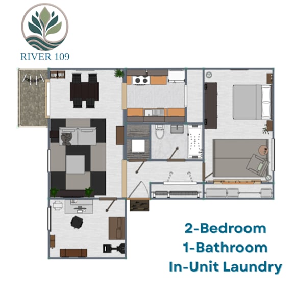 A floor plan of a 2-bedroom, 1-bathroom apartment with in-unit laundry.