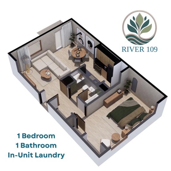 A diagram of a one bedroom apartment with a laundry facility.