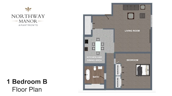 A floor plan for a 1 Bedroom B apartment at Northway Manor Apartments.