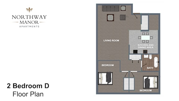 A floor plan for a 2 Bedroom D apartment at Northway Manor Apartments.