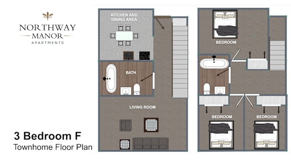 A floor plan of a 3 bedroom townhome from Northway Manor Apartments.