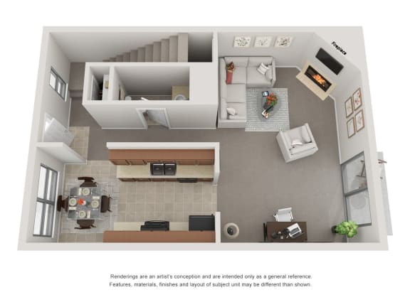 a stylized floor plan of a 1 bedroom apartment