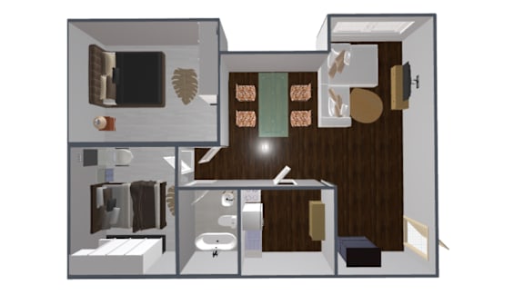 A 3D rendered image of a small apartment layout.