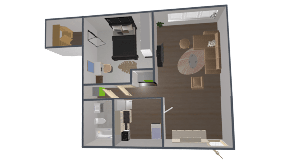 A 3D rendered image of a room layout with a kitchen, living room, and bathroom.