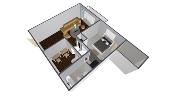 A 3D image of a house layout with a living room, kitchen, and bathroom.