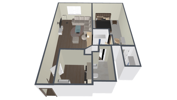 A 3D floor plan of a house with a kitchen, living room, and two bedrooms.