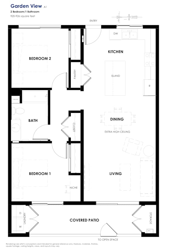 A black and white diagram of a Garden View apartment layout.
