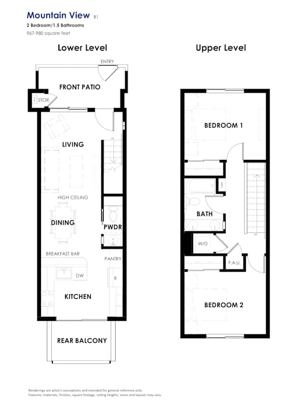 A floor plan for a two bedroom, 1.5 bathroom apartment with a rear balcony.