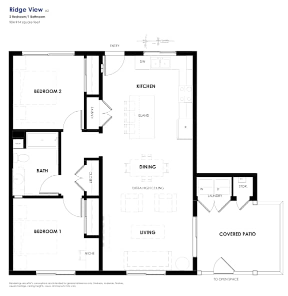 A black and white image of a floor plan for a property named Ridge View A2.