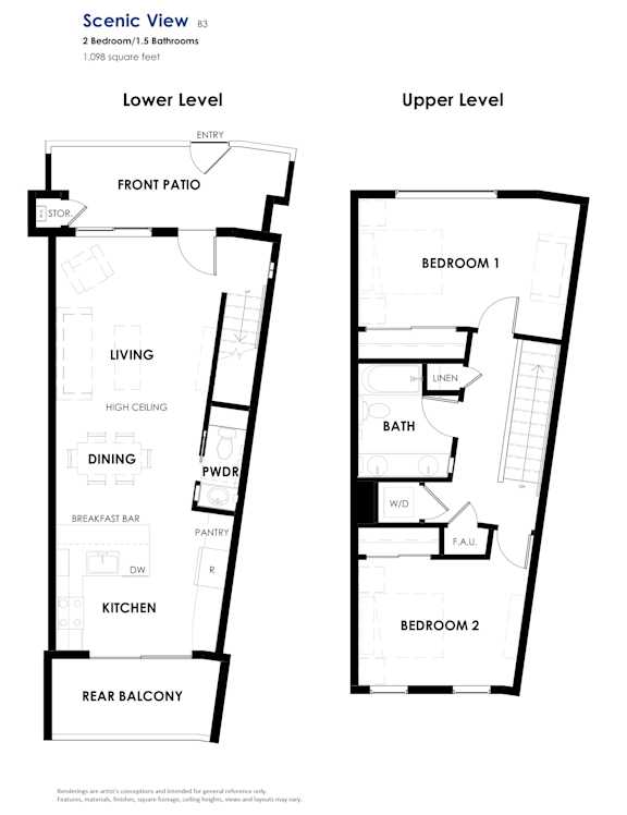 Floor plan of a condo showing the layout of the lower and upper levels.