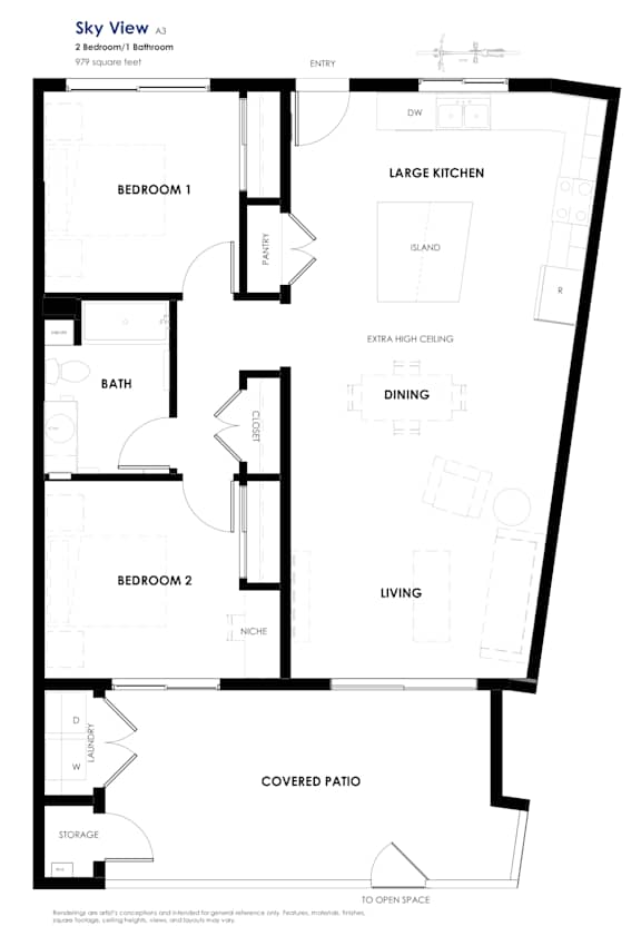 A black and white image of a floor plan for a house with a large kitchen and two bedrooms.