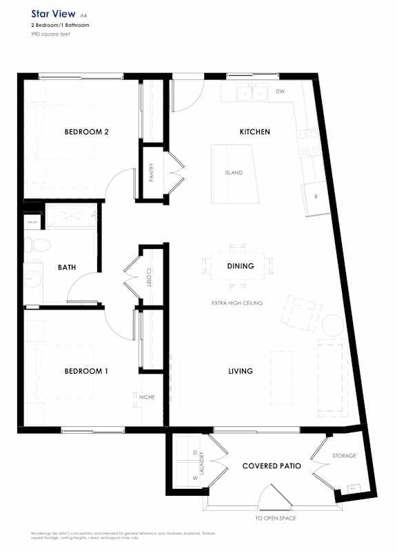 A floor plan of a home with two bedrooms, a kitchen, a living room, a dining room, a bathroom, a storage area, and a covered patio.