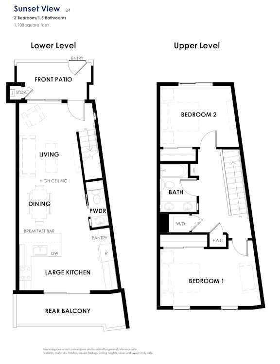 A floor plan for a Sunset View apartment with two bedrooms and 1.10 square feet of living space.