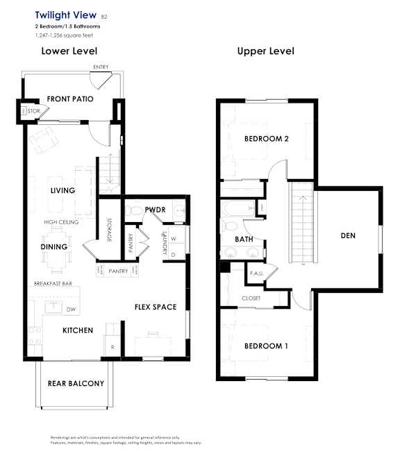 A floor plan for a two bedroom, one bathroom apartment.