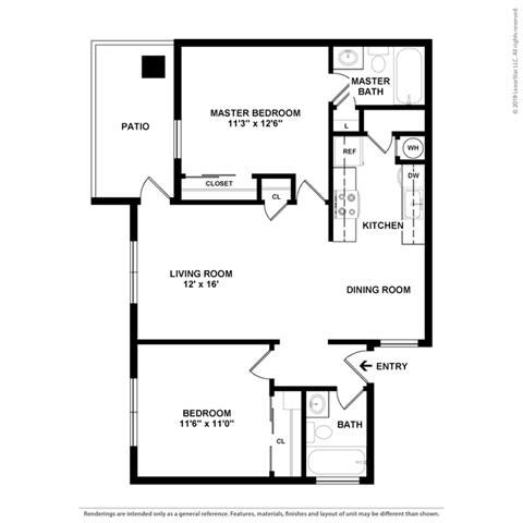2 Bedroom 2 Bathroom Floor Plan at Clayton Creek Apartments, Concord, California