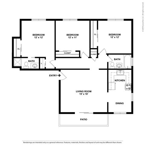 3 bed layout at Parkside Apartments, California, 95616