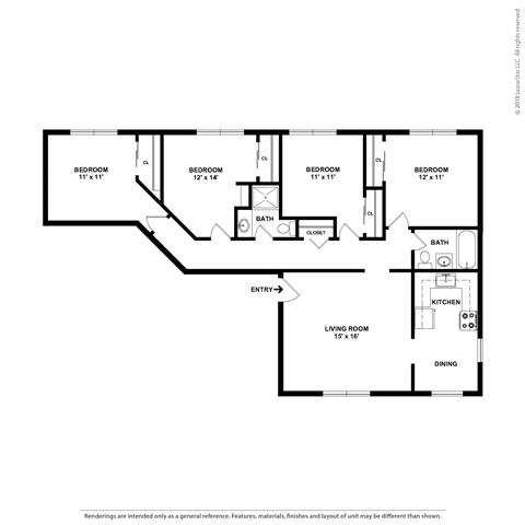 Floor Plan  2d 4 bed floor plan at Parkside Apartments, Davis, CA, 95616