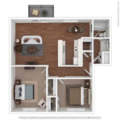 3d 2 bed layout at Fairmont Apartments, Pacifica, California