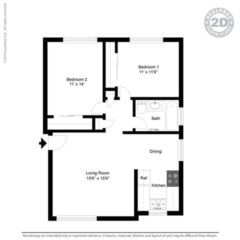 2d 2 bedroom floor plan at Colonial Garden Apartments, San Mateo, CA