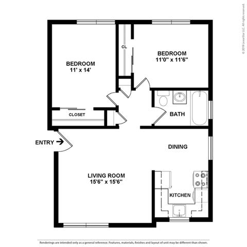 2 bedroom layout at Colonial Garden Apartments, California, 94401