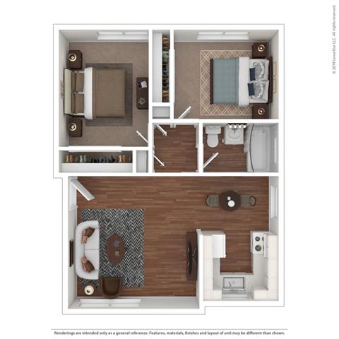 2 Bedroom 1 Bathroom Floor Plan at Colonial Garden Apartments, San Mateo, California