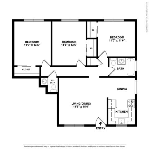 2d 3 bedroom layout at Colonial Garden Apartments, California, 94401
